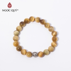 Vòng tay phong thủy đá mắt hổ vàng tâm phối charm lục tự hạt 8mm mệnh thổ, kim