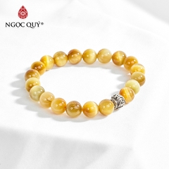 Vòng tay phong thủy đá mắt hổ vàng tâm phối charm lục tự hạt 8mm mệnh thổ, kim
