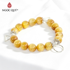 Vòng tay phong thủy đá mắt hổ vàng tâm phối charm tròn vuông tam giác hạt 10mm