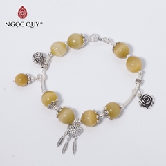 Vòng tay phong thủy đá mắt hổ vàng tâm phối charm dream catcher hạt 10mm