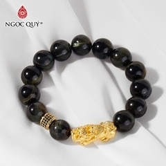 Vòng tay phong thủy đá mắt hổ xanh đen phối tỳ hưu bạc mạ vàng hạt 12mm