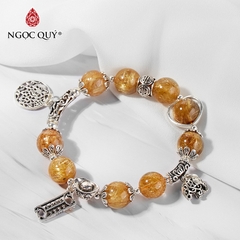 Vòng tay phong thủy đá thạch anh tóc vàng AAA phối charm bạc hạt 10mm