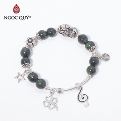 Vòng tay phong thủy đá thạch anh tóc xanh phối charm tỳ hưu bạc hạt 8mm