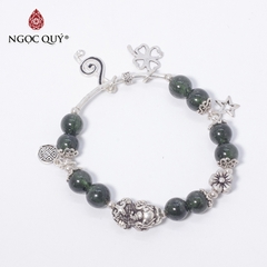 Vòng tay phong thủy đá thạch anh tóc xanh phối charm tỳ hưu bạc hạt 8mm