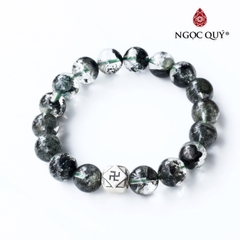 Vòng thạch anh ưu linh xanh 12mm charm bạc chữ vạn