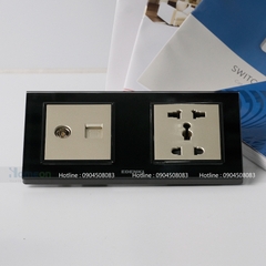 Bộ ổ cắm mạng + tivi kèm ổ cắm đôi 3 chấu mặt kính màu đen