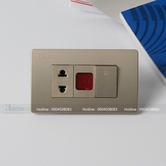 bộ ổ cắm đơn 2 chấu + công tắc  1 chiều + hạt đèn size màu đỏ mặt 3 màu vàng