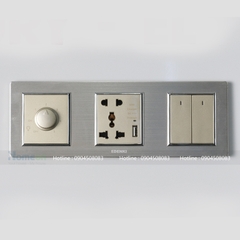 Bộ sản phẩm công tắc dimmer 630W+ổ cắm đôi kèm tivi+công tắc đôi 1 chiều mặt kính ngọc trai