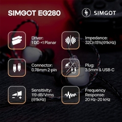 Tai nghe Gaming SIMGOT EG280 IEM Monitor, 1DD+1 Planar - kèm Dongle Type-C