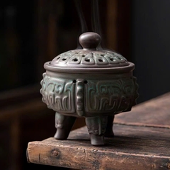 Lư trầm gốm kiểu đỉnh đồng cổ 3 chân 