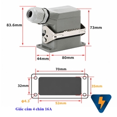 Đầu nối công nghiệp 4 chân 16A vỏ bọc nhôm hình chữ nhật