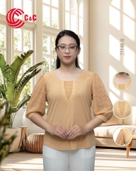 25148 - Áo Kiểu Tay Lỡ Phối Ren Thêu Nhành Lá Thanh Lịch