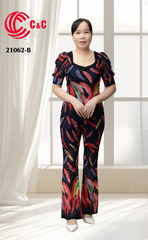 21062 - Tay Nhúng Phồng Quần Ống Loe Ôm Body In Họa Tiết