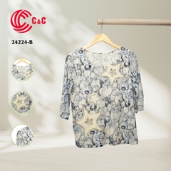 24224 - Cổ Tròn Họa Tiết Thêu Ngôi Sao Cách Điệu 4 Màu