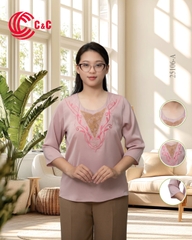 25106 - CỔ TRÒN THÊU CHỮ V THÊU HỌA TIẾT PHA REN