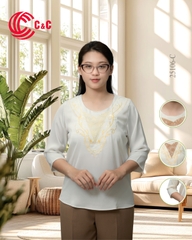 25106 - CỔ TRÒN THÊU CHỮ V THÊU HỌA TIẾT PHA REN