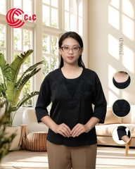 25106 - CỔ TRÒN THÊU CHỮ V THÊU HỌA TIẾT PHA REN