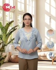 25106 - CỔ TRÒN THÊU CHỮ V THÊU HỌA TIẾT PHA REN