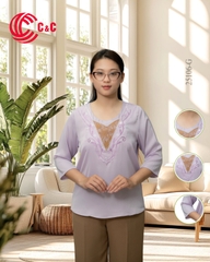 25106 - CỔ TRÒN THÊU CHỮ V THÊU HỌA TIẾT PHA REN