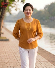 25148 - Áo Kiểu Tay Lỡ Phối Ren Thêu Nhành Lá Thanh Lịch
