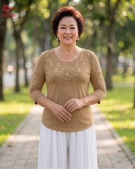 26033 - Cổ Tròn Thêu Nổi Đóa Hoa Cách Điệu Phối Đính Đá Thủy Tinh