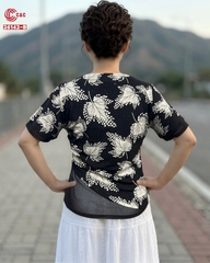 26142 - Thiết Kế Độc Đáo Cổ Tròn Tay Ngắn Cách Điệu Phối Thêu Đính Đá