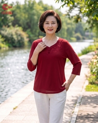 26021 - Áo Kiểu Tay Lỡ Cổ Tim Thêu Hoa Văn Đính Đá Thanh Lịch