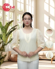 25148 - Áo Kiểu Tay Lỡ Phối Ren Thêu Nhành Lá Thanh Lịch