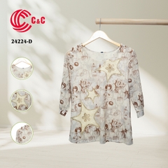24224 - Cổ Tròn Họa Tiết Thêu Ngôi Sao Cách Điệu 4 Màu