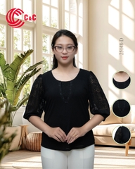 25148 - Áo Kiểu Tay Lỡ Phối Ren Thêu Nhành Lá Thanh Lịch