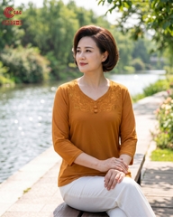 26021 - Áo Kiểu Tay Lỡ Cổ Tim Thêu Hoa Văn Đính Đá Thanh Lịch