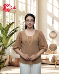 25148 - Áo Kiểu Tay Lỡ Phối Ren Thêu Nhành Lá Thanh Lịch