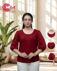 25148 - Áo Kiểu Tay Lỡ Phối Ren Thêu Nhành Lá Thanh Lịch