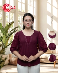 25148 - Áo Kiểu Tay Lỡ Phối Ren Thêu Nhành Lá Thanh Lịch