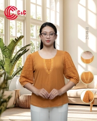 25148 - Áo Kiểu Tay Lỡ Phối Ren Thêu Nhành Lá Thanh Lịch