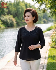 26021 - Áo Kiểu Tay Lỡ Cổ Tim Thêu Hoa Văn Đính Đá Thanh Lịch