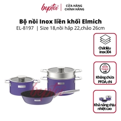 Bộ nồi bếp từ Inox liền khối Elmich Hera size 18, nồi hấp22, chảo 26cm