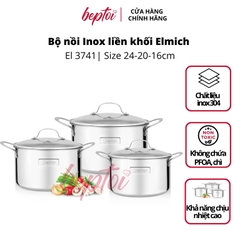 Nồi bếp từ inox 304 cao cấp 3 lớp đáy liền Trimax 3 chiếc size 16cm, 20cm, 24cm