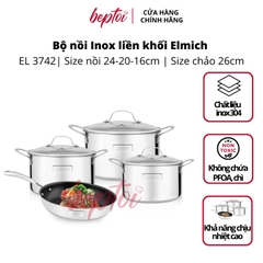 Nồi bếp từ chảo inox 304 cao cấp 3 lớp đáy liền Trimax 4 chiếc size 18cm, 20cm, 26cm và chảo 26cm