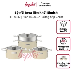 Nồi bếp từ, bộ nồi Inox liền khối Elmich EL-8232 Hera size 16,20,22 xửng hấp 22cm