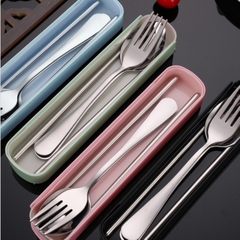 Bộ 3 Món Thìa Đũa Muỗng Inox Kèm Hộp Đựng Bằng Nhựa A0323
