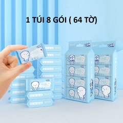 Bịch 8 Gói Khăn Giấy Ướt Mini Hoạt Hình Cao Cấp Bỏ Túi Tiện Lợi (64 khăn) A2724