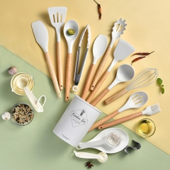 Bộ 12 Dụng Cụ Nấu Ăn Silicone 12 Món Cán Gỗ Kitchen Set Cao Cấp, Chịu Nhiệt, An Toàn, Chống Dính A5031