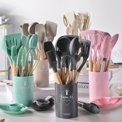Bộ 12 Dụng Cụ Nấu Ăn Silicone 12 Món Cán Gỗ Kitchen Set Cao Cấp, Chịu Nhiệt, An Toàn, Chống Dính A5031