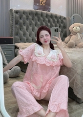 Đồ bộ tay ngắn thiết kế gắn hình thỏ lụa đũi mềm