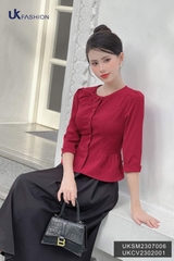 Áo Sơ Mi Cổ Tròn Nơ Nhún Eo UK Fashion Tiểu Thư, Sang Chảnh UKSM2307006
