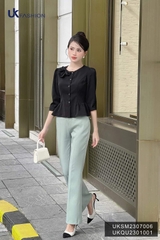 Áo Sơ Mi Cổ Tròn Nơ Nhún Eo UK Fashion Tiểu Thư, Sang Chảnh UKSM2307006