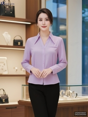 Sơ mi V cổ tay dài cắt eo tôn dáng, mềm mịn UKSM2508007