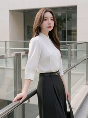 Sơ mi cổ tàu xếp mí tay nhẹ nhàng mềm mát UKSM2512003