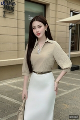 Sơ mi lá cổ V kê ren dễ mặc che khuyết điểm UKSM2506019